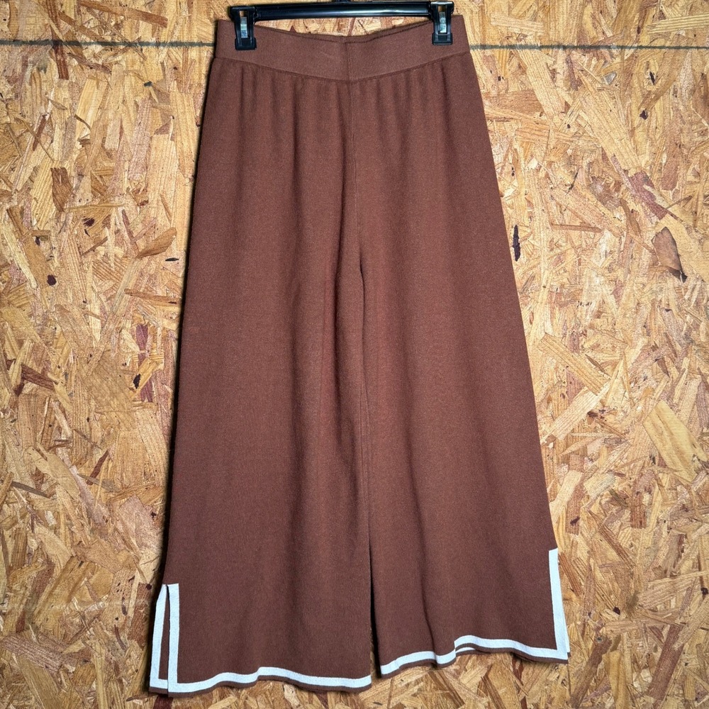 Brown Knit Wide Leg Palazzo Pants High Waisted Sporty Retro Look Layering size M